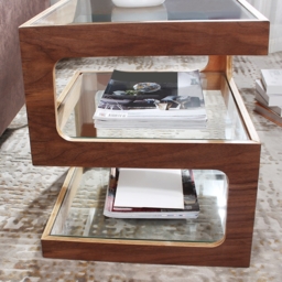 Modern Glass Side Table with 3 Tiers S-shaped End Table in Walnut - thumbnail 3