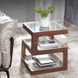 Modern Glass Side Table with 3 Tiers S-shaped End Table in Walnut - thumbnail 4