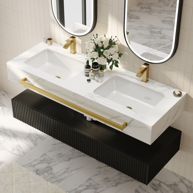 1400mm Double Sink Bathroom Vanity with Sintered Stone Countertop & Gold Towel Bar - image 1