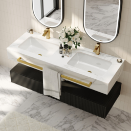 1400mm Double Sink Bathroom Vanity with Sintered Stone Countertop & Gold Towel Bar - thumbnail 2