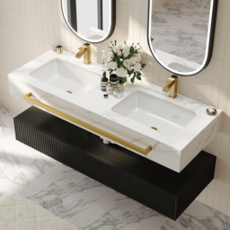 1400mm Double Sink Bathroom Vanity with Sintered Stone Countertop & Gold Towel Bar - thumbnail 1