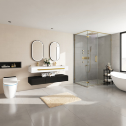 1400mm Double Sink Bathroom Vanity with Sintered Stone Countertop & Gold Towel Bar - thumbnail 3
