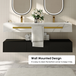 1400mm Double Sink Bathroom Vanity with Sintered Stone Countertop & Gold Towel Bar - thumbnail 9