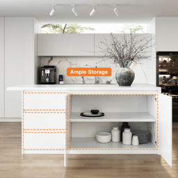 180 cm Large White Kitchen Island with Storage Kitchen Cabinet Marble Veneered Top - thumbnail 5