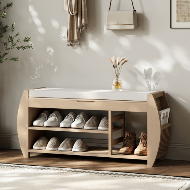 40'' Wood Veneer Whitewash Shoe Storage Entryway Bench with Shoe Rack - image 1