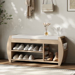 40'' Wood Veneer Whitewash Shoe Storage Entryway Bench with Shoe Rack - thumbnail 1