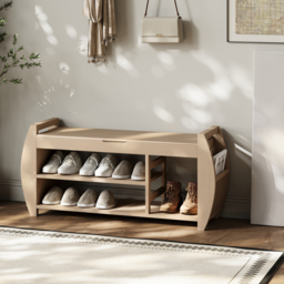 40'' Wood Veneer Whitewash Shoe Storage Entryway Bench with Shoe Rack - thumbnail 3
