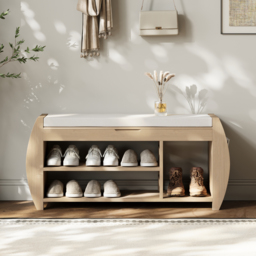 40'' Wood Veneer Whitewash Shoe Storage Entryway Bench with Shoe Rack - thumbnail 2
