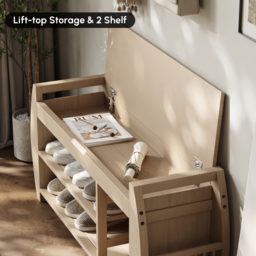 40'' Wood Veneer Whitewash Shoe Storage Entryway Bench with Shoe Rack - thumbnail 4