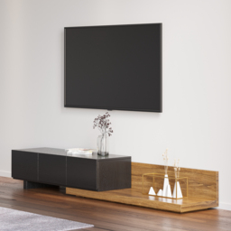 Rectangle Wood Extendable TV Stand Black and Walnut Floor Media Console with 3 Drawers - thumbnail 2