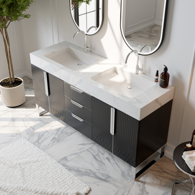 Aro 150 cm Black Double Basin Freestanding Bathroom Vanity Drawers Faux Marble Top - image 1
