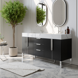 Aro 1500mm Black Double Basin Freestanding Bathroom Vanity Drawers Faux Marble Top - thumbnail 2