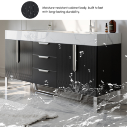 Aro 1500mm Black Double Basin Freestanding Bathroom Vanity Drawers Faux Marble Top - thumbnail 8