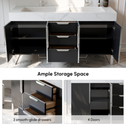 Aro 1500mm Black Double Basin Freestanding Bathroom Vanity Drawers Faux Marble Top - thumbnail 4