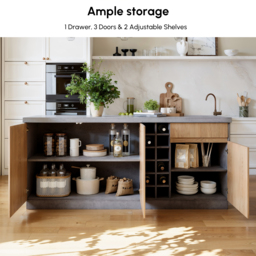 180 cm Japandi Grey Wood Kitchen Island with Multi-Storage and LED Light - thumbnail 4