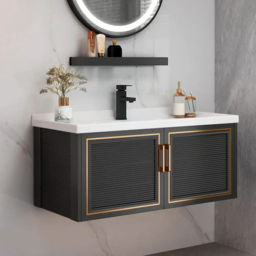 "36"" Black Floating Bathroom Vanity Set Drop-In Ceramic Sink with Cabinet"