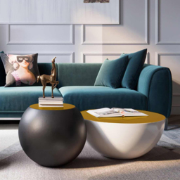Modern White Round Drum Coffee Table Hollow Interior Storage Yellow Top 1 Piece - thumbnail 3