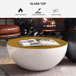 Modern White Round Drum Coffee Table Hollow Interior Storage Yellow Top 1 Piece - thumbnail 6