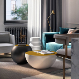 Modern White Round Drum Coffee Table Hollow Interior Storage Yellow Top 1 Piece - thumbnail 2