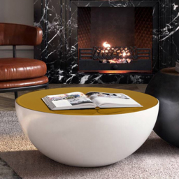 Modern White Round Drum Coffee Table Hollow Interior Storage Yellow Top 1 Piece - thumbnail 1