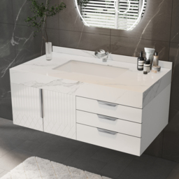 Aro 90 cm White Wall Mounted Bathroom Vanity Drawers Faux Marble Top - thumbnail 3