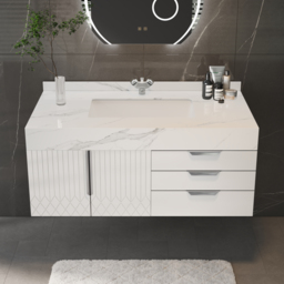 Aro 90 cm White Wall Mounted Bathroom Vanity Drawers Faux Marble Top - thumbnail 2