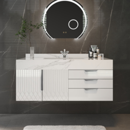 Aro 90 cm White Wall Mounted Bathroom Vanity Drawers Faux Marble Top