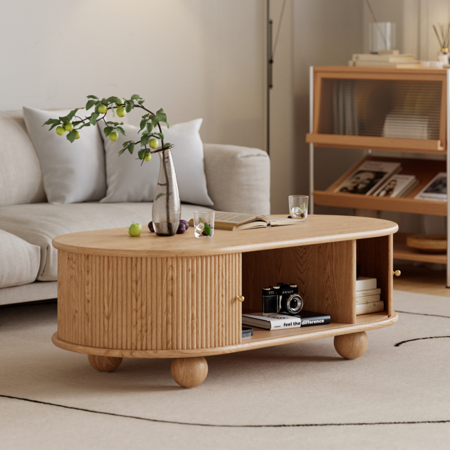 1200mm Tambour Door Solid Wood Coffee Table with Storage Oval Natural Living Room Table - image 1