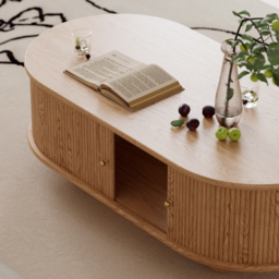 1200mm Tambour Door Solid Wood Coffee Table with Storage Oval Natural Living Room Table - thumbnail 5