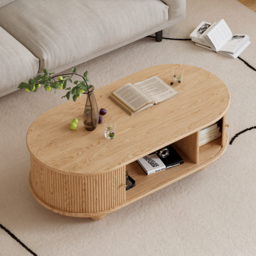 1200mm Tambour Door Solid Wood Coffee Table with Storage Oval Natural Living Room Table - thumbnail 3