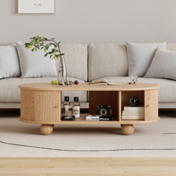 1200mm Tambour Door Solid Wood Coffee Table with Storage Oval Natural Living Room Table - thumbnail 2