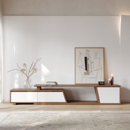 Up to 280 cm Extendable White & Walnut TV Stand Minimalist Floor Media Console with 3 Drawers