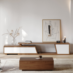 Up to 280 cm Extendable White & Walnut TV Stand Minimalist Floor Media Console with 3 Drawers - thumbnail 3