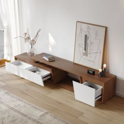 Up to 280 cm Extendable White & Walnut TV Stand Minimalist Floor Media Console with 3 Drawers - thumbnail 4