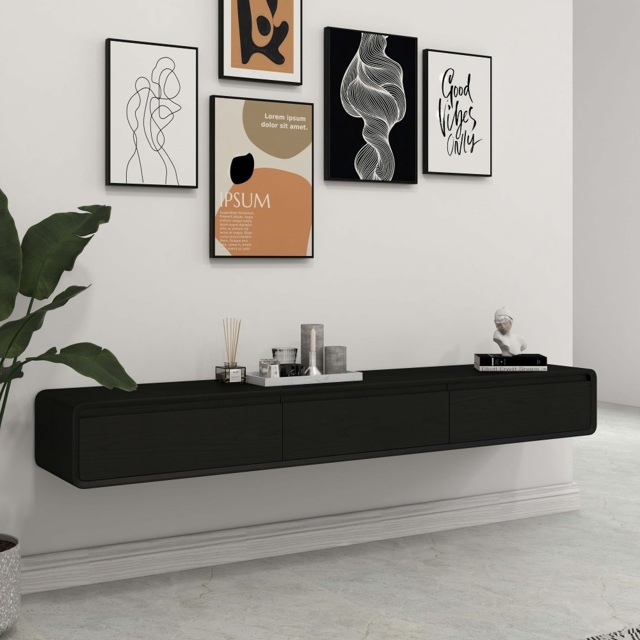 Mid Century Floating Wood TV Stand in Black with 3 Drawers for TVs Up to 2159mm - image 1