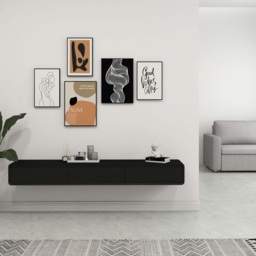 Mid Century Floating Wood TV Stand in Black with 3 Drawers for TVs Up to 2159mm - thumbnail 2