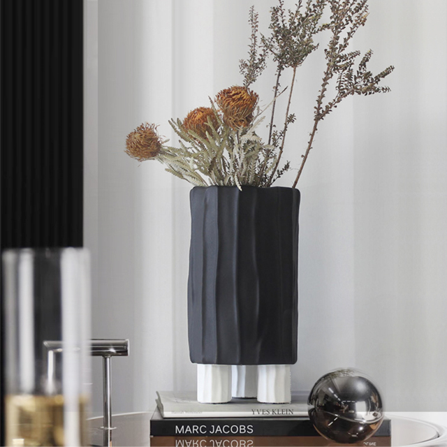 Black & White Cylinder Resin Flower Vase with Vertical Stripes Abstract Geometric Decor - image 1