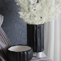 Black & White Cylinder Resin Flower Vase with Vertical Stripes Abstract Geometric Decor - thumbnail 3