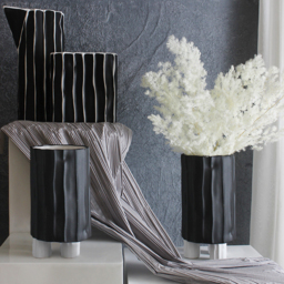 Black & White Cylinder Resin Flower Vase with Vertical Stripes Abstract Geometric Decor - thumbnail 2
