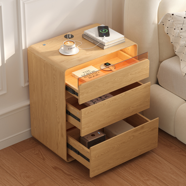 600mm Wooden 3-Drawer Smart Nightstand With LED Lighting & Sensor Charging Set of 2 - image 1