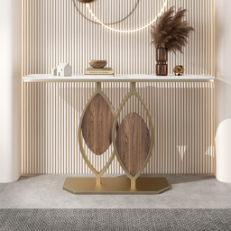 1000mm White Console Table Wooden Accent Table For Entryway with Sintered Stone Top & Abstract Base in Rose Gold & Walnut Finish - thumbnail 2