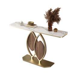 1000mm White Console Table Wooden Accent Table For Entryway with Sintered Stone Top & Abstract Base in Rose Gold & Walnut Finish - thumbnail 8