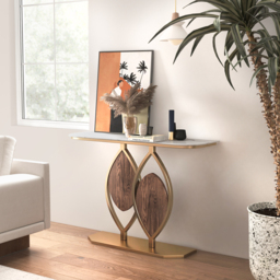 1000mm White Console Table Wooden Accent Table For Entryway with Sintered Stone Top & Abstract Base in Rose Gold & Walnut Finish - thumbnail 4