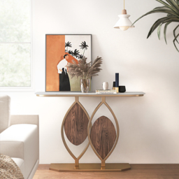 1000mm White Console Table Wooden Accent Table For Entryway with Sintered Stone Top & Abstract Base in Rose Gold & Walnut Finish - thumbnail 5