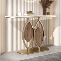 1000mm White Console Table Wooden Accent Table For Entryway with Sintered Stone Top & Abstract Base in Rose Gold & Walnut Finish - thumbnail 3