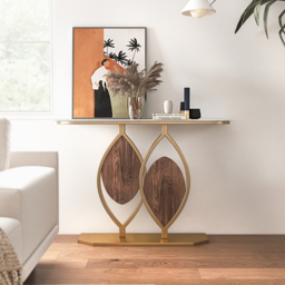 1000mm White Console Table Wooden Accent Table For Entryway with Sintered Stone Top & Abstract Base in Rose Gold & Walnut Finish - thumbnail 6