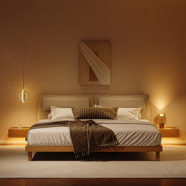 Queen Size Bedroom Set Wood Bed Frame with Floating Smart Nightstands with Light & Pillow Headboard - image 1