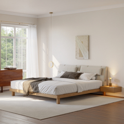 Queen Size Bedroom Set Wood Bed Frame with Floating Smart Nightstands with Light & Pillow Headboard - thumbnail 3