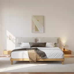 Queen Size Bedroom Set Wood Bed Frame with Floating Smart Nightstands with Light & Pillow Headboard - thumbnail 5
