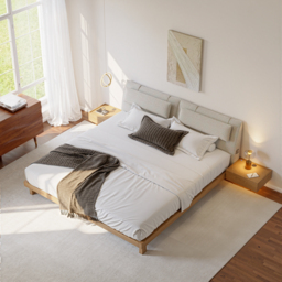 Queen Size Bedroom Set Wood Bed Frame with Floating Smart Nightstands with Light & Pillow Headboard - thumbnail 2